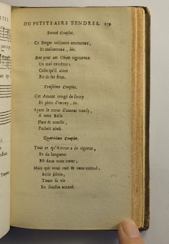 page 159 : Couplet : Ce Berger tojours amoureux. / Cet Amant rong de soucy. / Quand tout-bas elle sopire. / Tout ce qu'Amour a de rigueur.