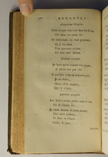 page 160 : Couplet : Les Echos m'ont plaint tour  tour. / Tout ce qu l'on voit sous les cieux. / Je sais qu'en aimant vos appas.