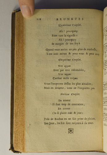 page 218 : Couplet : Ah! pourquoy faire tant la tigresse? / Vos appas sont par tout redoutables. / En Amour, il faut trop de contrainte.